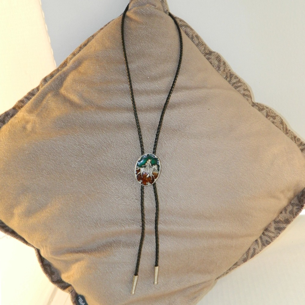 Vintage Bolo Tie Mens Brown Green Cowboy Horseback Enamel 1987 Western